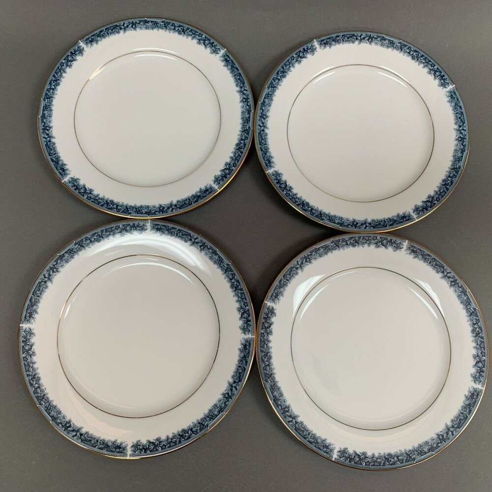 Noritake Legendary‎ Edgerow Salad Plates Blue White Gold Trim 4078 Lot of 4